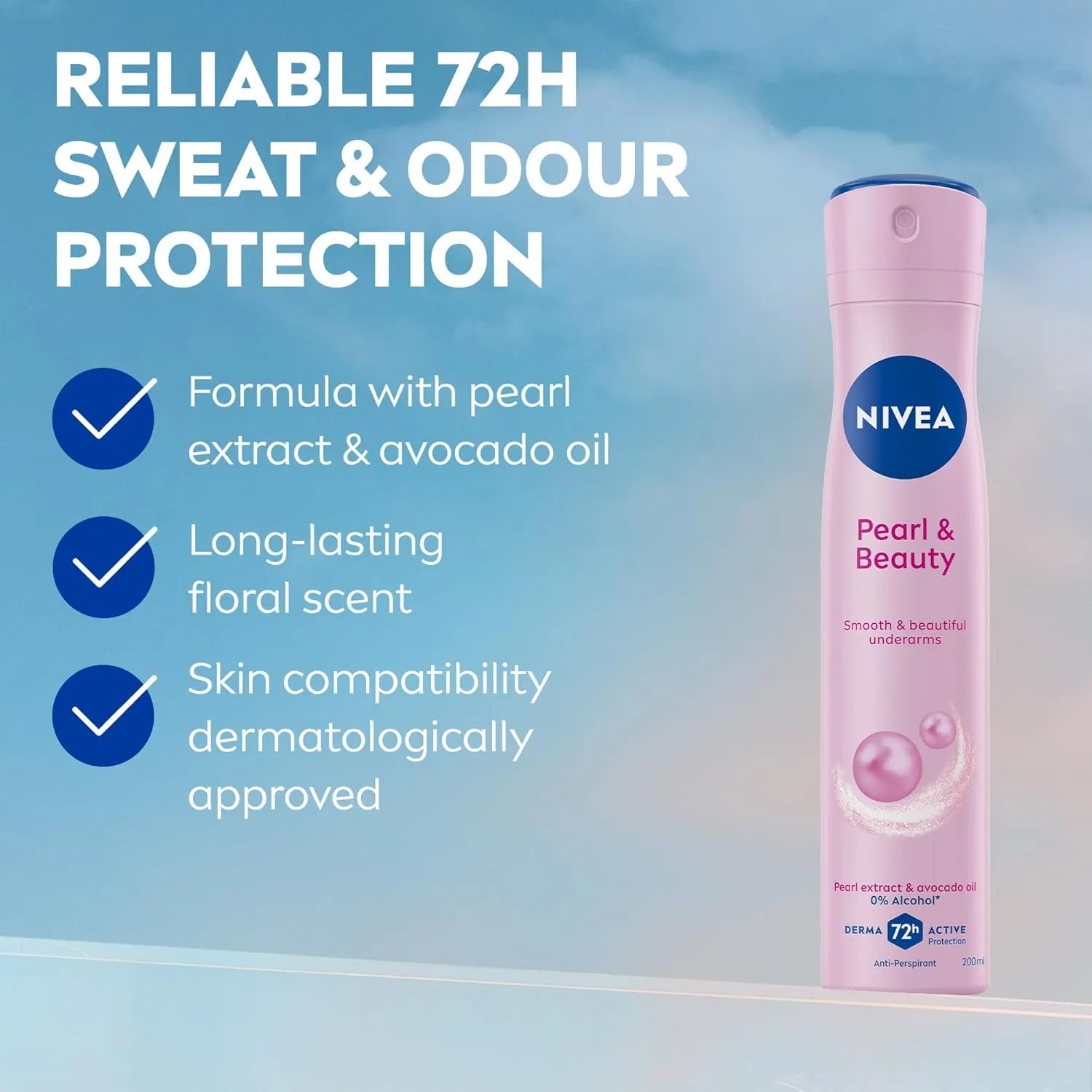 NIVEA Pearl & Beauty Antiperspirant Deodorant Spray for Women, Soft & Smooth, 48H Active Protection, 0% Alcohol, with Pearl Extract and Avocado Oil, 200ml