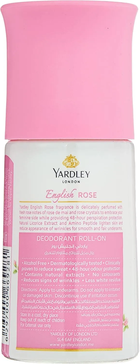 Yardley London English Rose Anti-Perspirant Deodorant Roll On - 50ml All Day Sweat Protection Floral Fresh Fragrance Reduce Wrinkles & Lighten Skin Tone - Image 2