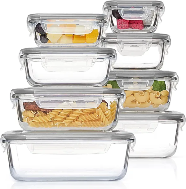 8-pack glass meal prep containers with grey leak-proof locking lids for airtight food storage.