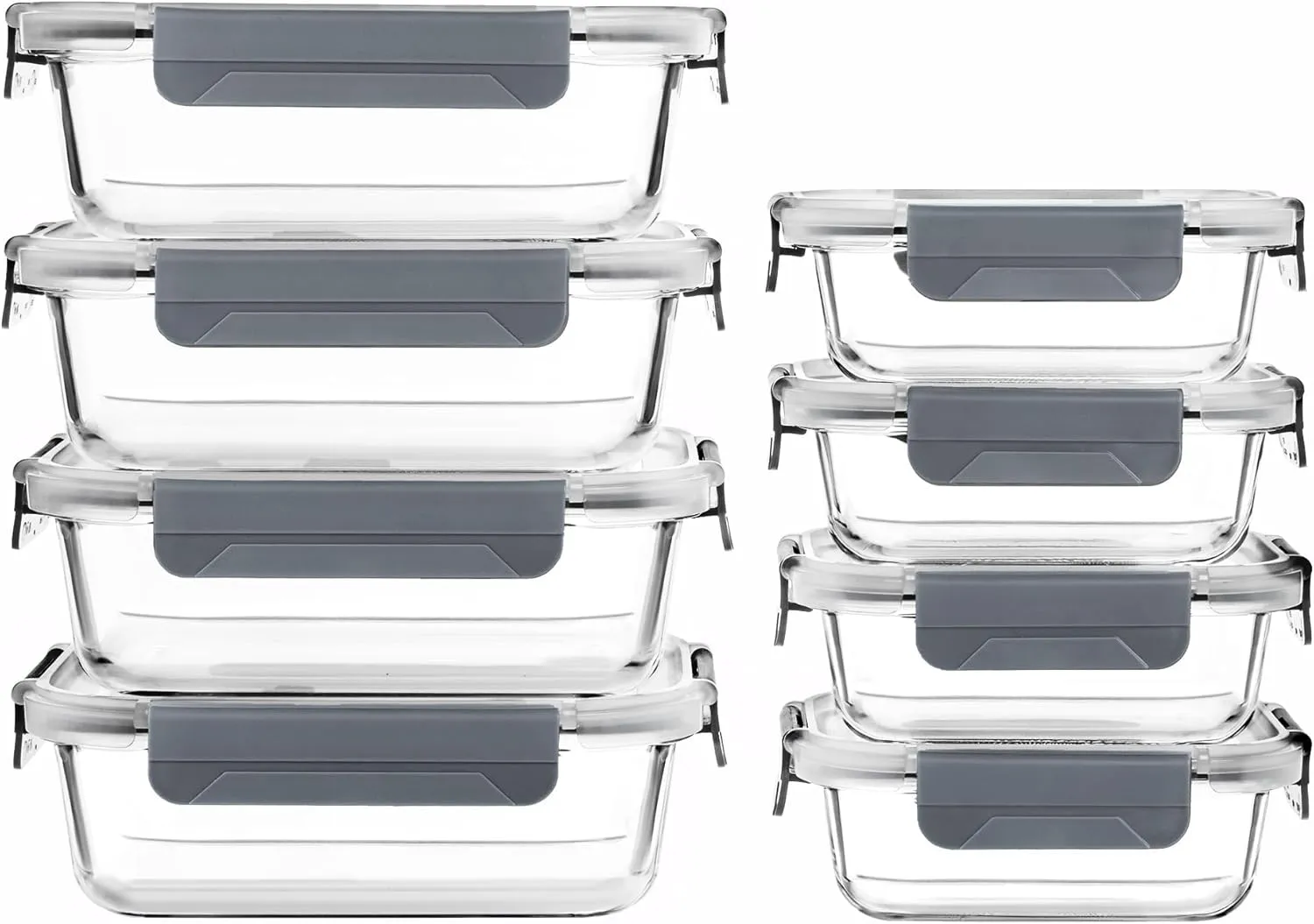 Set of 8 glass meal prep containers with snap-on lids for food storage and reheating.