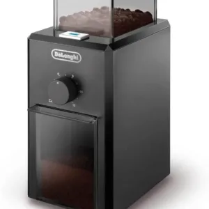 Electric burr coffee grinder in black with adjustable grind settings and 120g bean capacity.