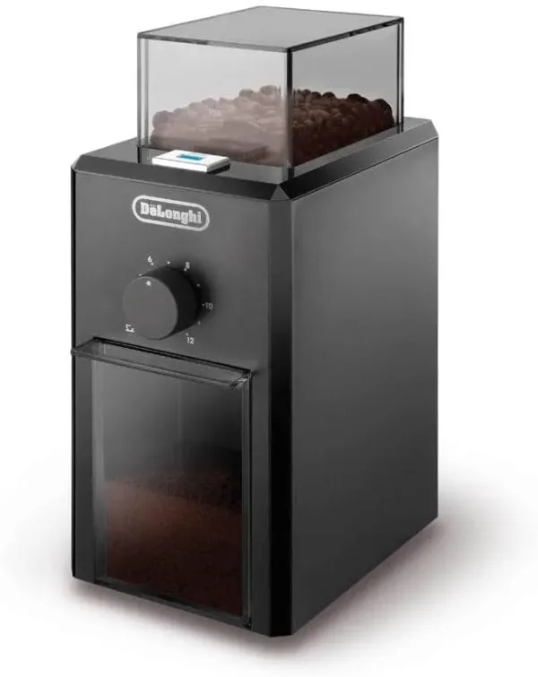 Electric burr coffee grinder in black with adjustable grind settings and 120g bean capacity.