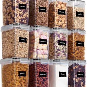 12-pack of black-lid airtight food storage containers with labels, designed for pantry organization.