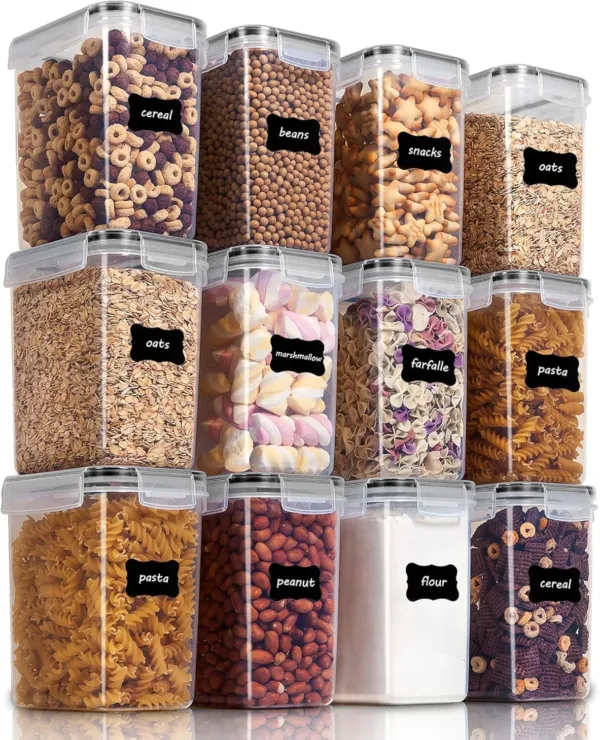 12-pack of black-lid airtight food storage containers with labels, designed for pantry organization.