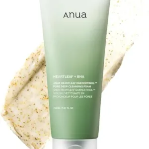 ANUA Heartleaf Pore Cleanser 150ml pump bottle with green packaging, featuring deep cleansing foam with BHA and hyaluronic acid for pore care.