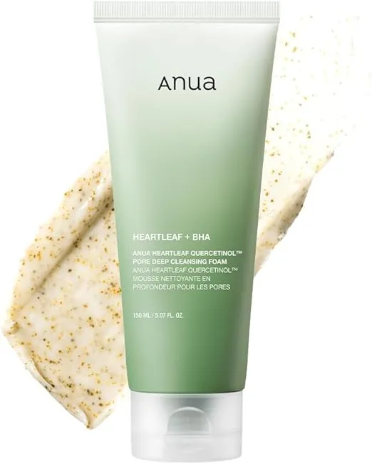 ANUA Heartleaf Pore Cleanser 150ml pump bottle with green packaging, featuring deep cleansing foam with BHA and hyaluronic acid for pore care.