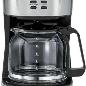Black 12-cup programmable drip coffee maker with glass carafe and keep warm function on a white background.