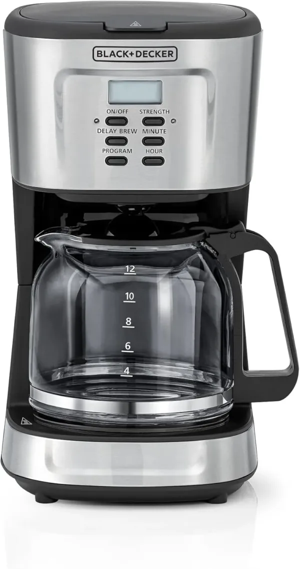 Black 12-cup programmable drip coffee maker with glass carafe and keep warm function on a white background.