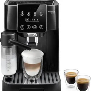 Modern bean-to-cup coffee machine with touch controls and multiple brewing functions.