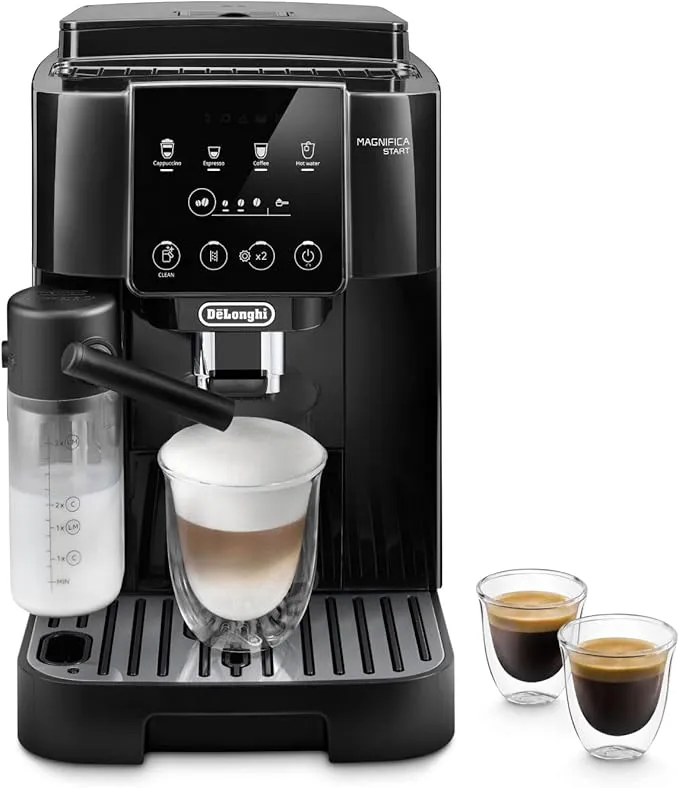 Modern bean-to-cup coffee machine with touch controls and multiple brewing functions.