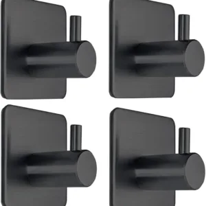 4-pack black adhesive towel hooks with heavy-duty stick-on design for bathroom and kitchen wall use