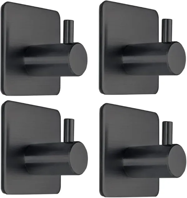 4-pack black adhesive towel hooks with heavy-duty stick-on design for bathroom and kitchen wall use