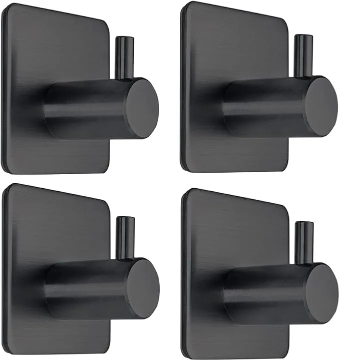 4-pack black adhesive towel hooks with heavy-duty stick-on design for bathroom and kitchen wall use