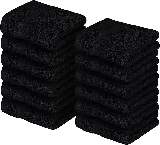 12-pack black cotton washcloths – 600 GSM, soft and absorbent, 12x12 inch towels