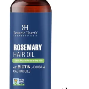 Botanic Hearth Rosemary Hair Oil 200ml bottle with pump dispenser, featuring 100% pure formula with biotin, jojoba, and castor oil for hair care.