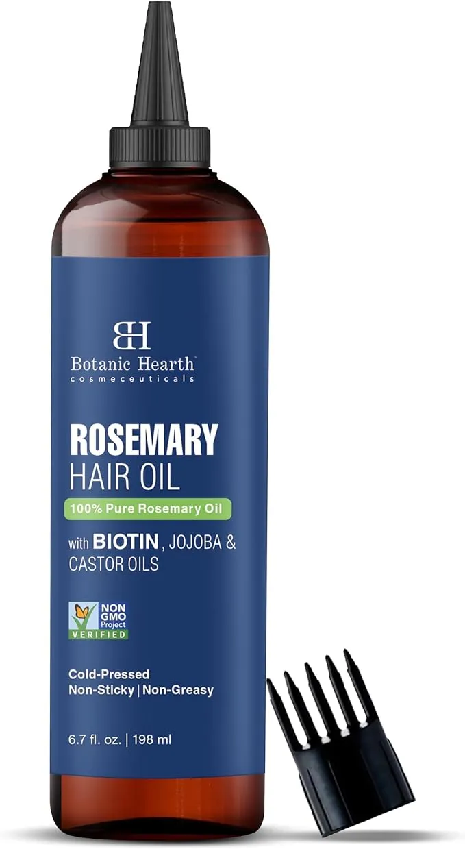 Botanic Hearth Rosemary Hair Oil 200ml bottle with pump dispenser, featuring 100% pure formula with biotin, jojoba, and castor oil for hair care.