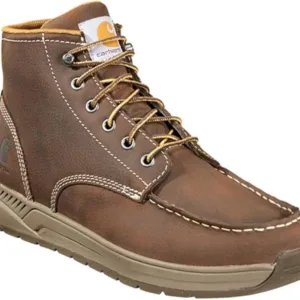 Carhartt CMX4023 men's moc toe wedge boots in brown leather with lace-up closure, lightweight construction, and wedge sole design, displayed showing the comfortable casual workwear styling