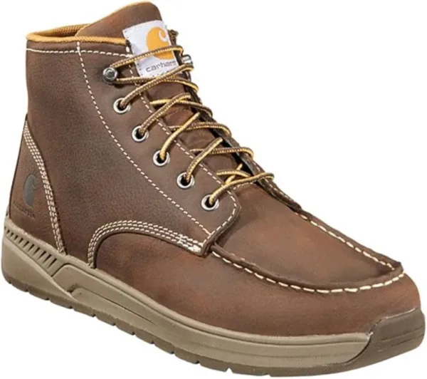 Carhartt CMX4023 men's moc toe wedge boots in brown leather with lace-up closure, lightweight construction, and wedge sole design, displayed showing the comfortable casual workwear styling