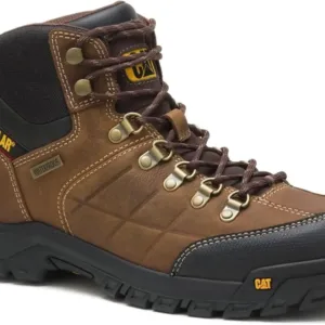 Caterpillar Threshold men's waterproof work boots in brown leather with steel toe protection, lace-up closure, and slip-resistant sole, shown displaying the industrial safety construction and rugged design