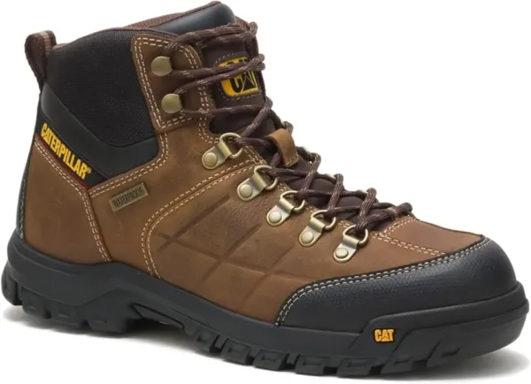 Caterpillar Threshold men's waterproof work boots in brown leather with steel toe protection, lace-up closure, and slip-resistant sole, shown displaying the industrial safety construction and rugged design