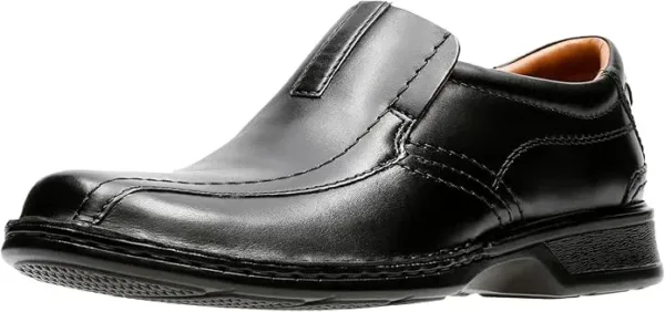 Clarks Escalade Step men's slip-on loafers in brown leather with cushioned footbed, flexible sole, and sleek profile, displayed showing the comfortable dress-casual design