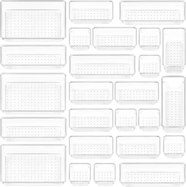 ClearSpace Plastic Drawer Organizer Set of 25 – Multi-size storage trays for makeup, office, kitchen & bedroom use. Perfect organizing solution for Dubai homes.