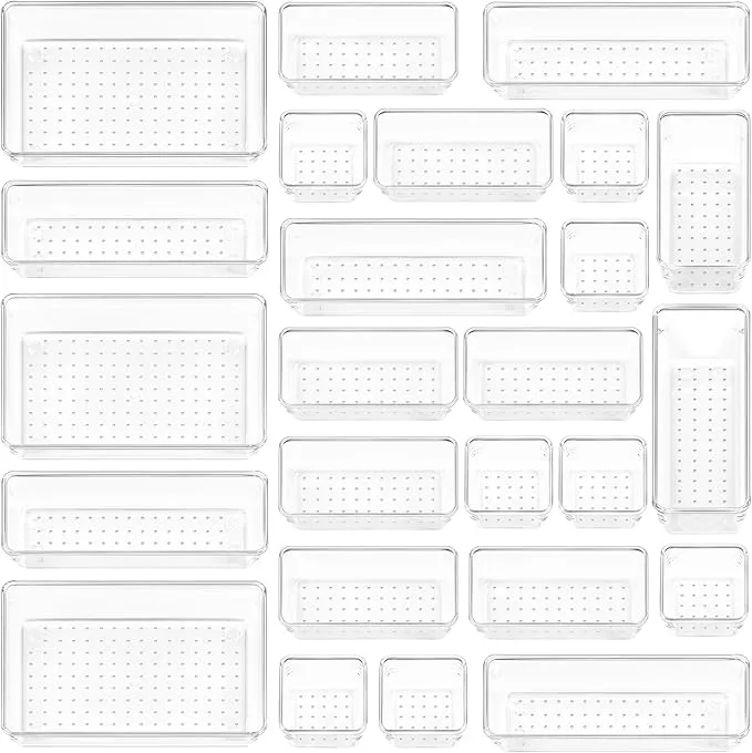 ClearSpace Plastic Drawer Organizer Set of 25 – Multi-size storage trays for makeup, office, kitchen & bedroom use. Perfect organizing solution for Dubai homes.