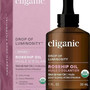 Cliganic Organic Rosehip Oil – 1 oz cold-pressed facial and hair oil that hydrates, nourishes, and rejuvenates for soft, smooth skin and hair.