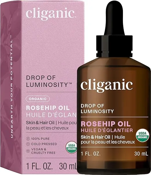 Cliganic Organic Rosehip Oil – 1 oz cold-pressed facial and hair oil that hydrates, nourishes, and rejuvenates for soft, smooth skin and hair.