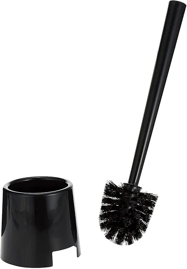 Compact 14x4 inch black toilet brush with holder – sleek and space-saving bathroom cleaning set