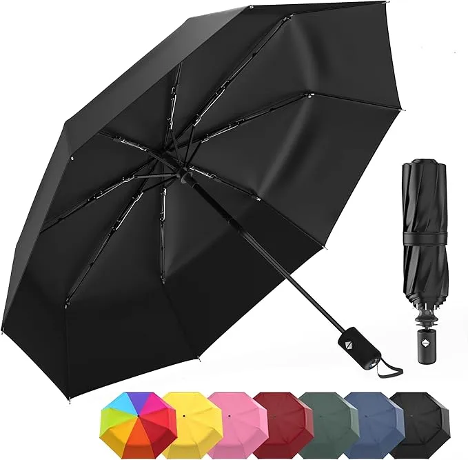 Compact windproof travel umbrella with auto open/close button, 9-rib reinforced canopy, lightweight and portable for easy travel protection against the rain.