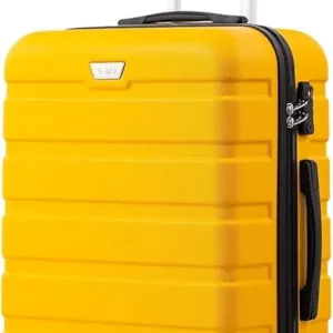 COOLIFE 28-inch hard shell luggage in yellow with TSA lock, 4 spinner wheels, and durable ABS material. Ideal for secure and smooth travel.