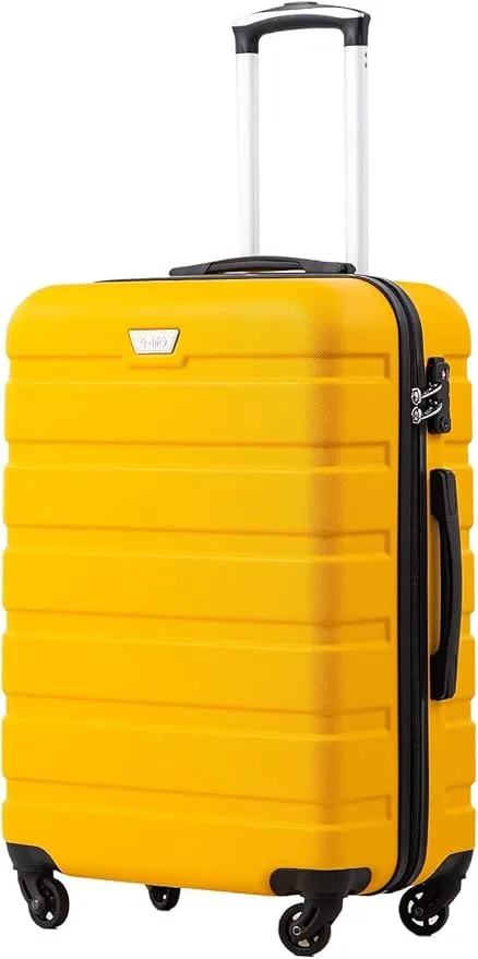 COOLIFE 28-inch hard shell luggage in yellow with TSA lock, 4 spinner wheels, and durable ABS material. Ideal for secure and smooth travel.