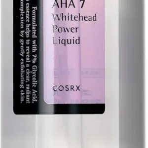 COSRX AHA exfoliating liquid 100ml bottle with white packaging, featuring 7% glycolic acid formula for whitehead removal and pore minimizing care.