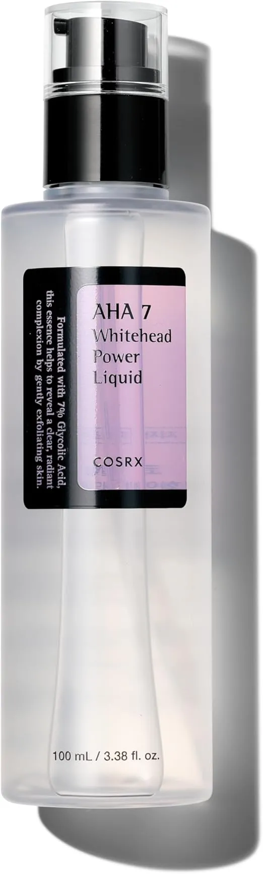 COSRX AHA exfoliating liquid 100ml bottle with white packaging, featuring 7% glycolic acid formula for whitehead removal and pore minimizing care.