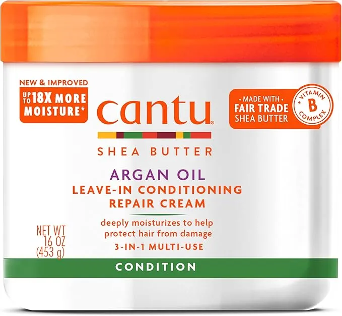 Cantu argan oil deep conditioning repair cream 16oz jar with purple packaging, featuring leave-in formula for damaged hair restoration and care.RetryClaude can make mistakes. Please double-check responses.