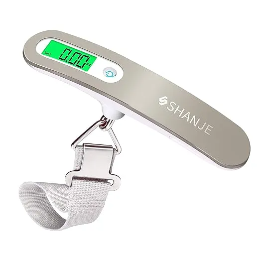 White digital luggage weight scale for travel, measuring up to 50kg/110lbs. Portable, compact, and easy to use for weighing suitcases before trips.