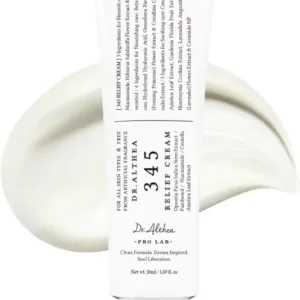 Dr. Althea 345 Relief Cream 1.69 fl oz jar with white packaging, featuring blemish care and hydrating formula for daily sensitive skin moisturizing.
