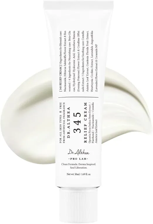 Dr. Althea 345 Relief Cream 1.69 fl oz jar with white packaging, featuring blemish care and hydrating formula for daily sensitive skin moisturizing.