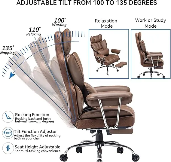 efomao big and tall office chair 400lbs – pu leather executive desk chair with lumbar support & leg rest, heavy duty computer chairs for home office, brown