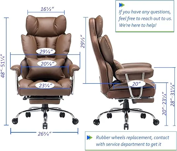 efomao big and tall office chair 400lbs – pu leather executive desk chair with lumbar support & leg rest, heavy duty computer chairs for home office, brown