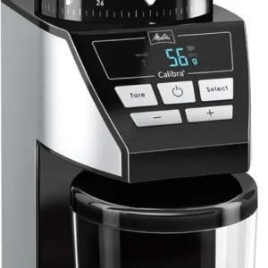 Electric burr coffee grinder in black stainless steel with built-in digital scale and adjustable settings.