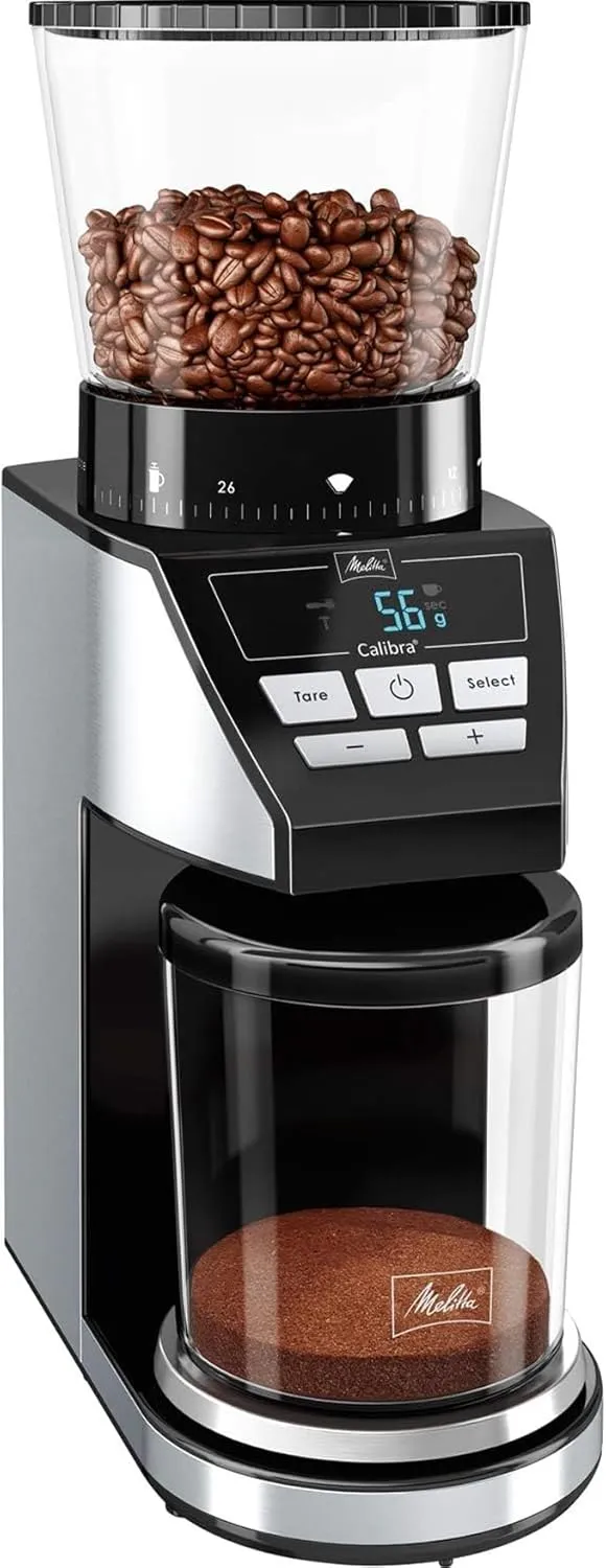 Electric burr coffee grinder in black stainless steel with built-in digital scale and adjustable settings.