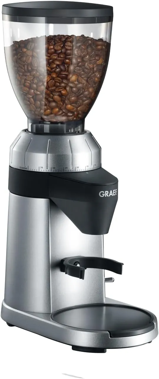 Electric burr coffee grinder with adjustable settings for espresso and filter coffee.