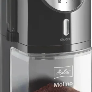 Full black electric coffee bean grinder with adjustable grind settings and large capacity.