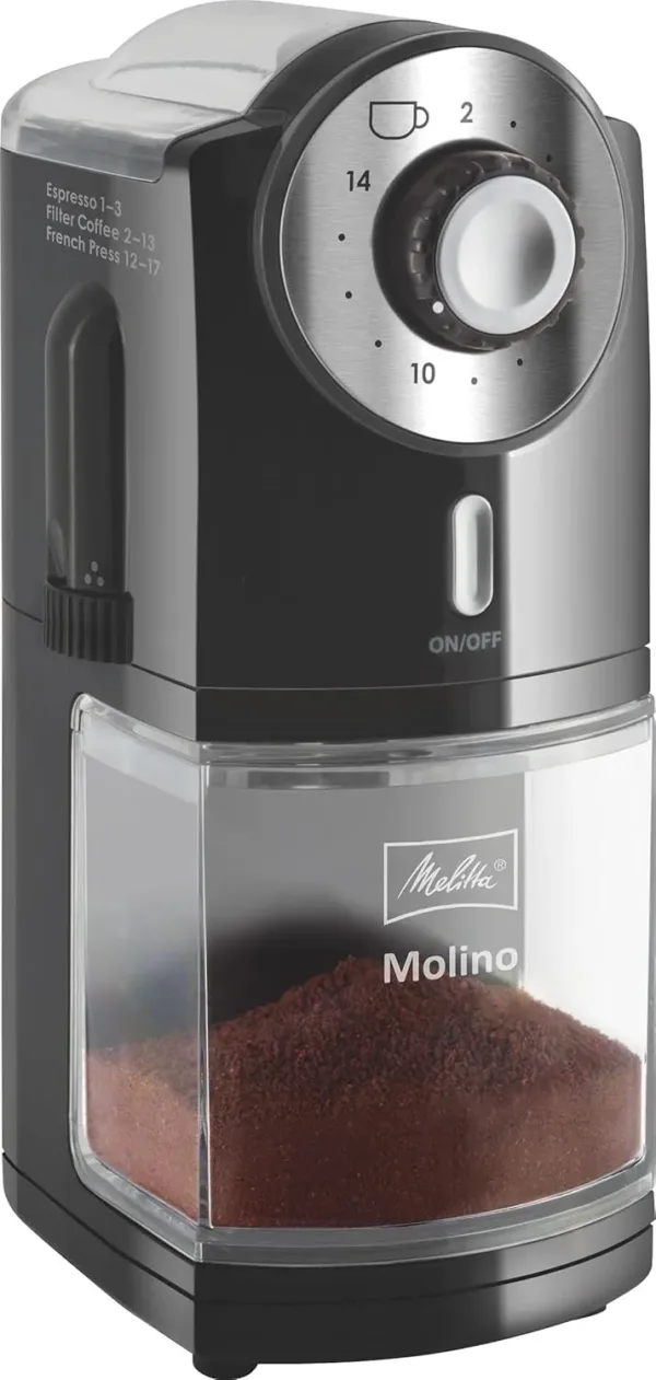 Full black electric coffee bean grinder with adjustable grind settings and large capacity.