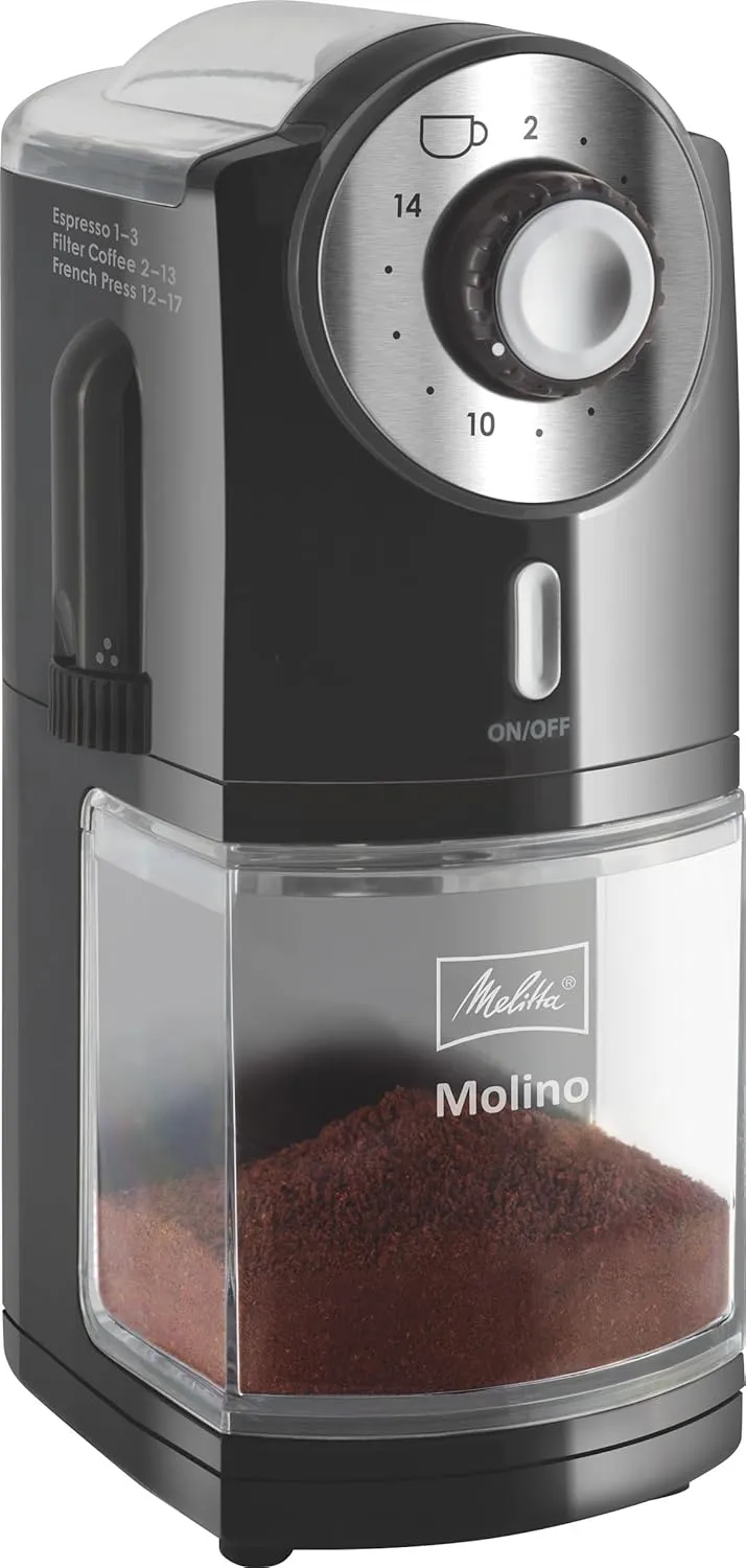 Full black electric coffee bean grinder with adjustable grind settings and large capacity.
