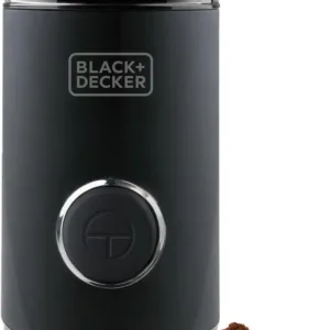 Electric coffee grinder in black with stainless steel blades and one-touch operation.