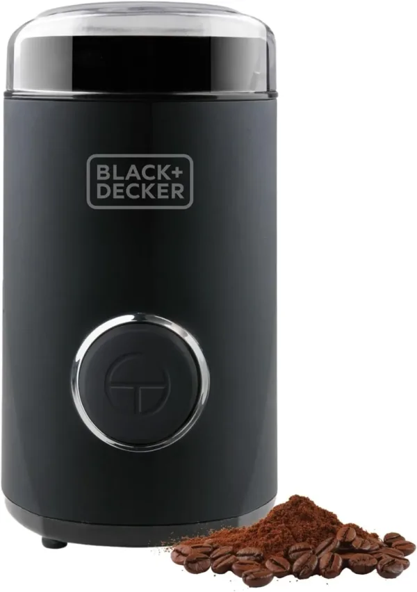 Electric coffee grinder in black with stainless steel blades and one-touch operation.