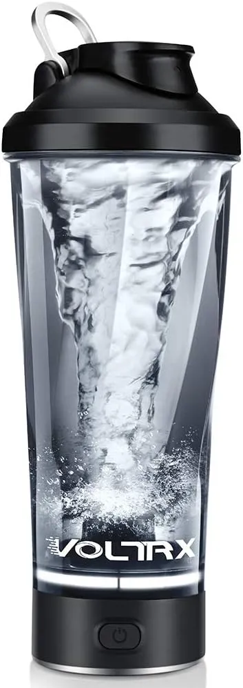 Electric protein shaker bottle in black with 24oz capacity, USB rechargeable vortex mixer, and BPA-free Tritan